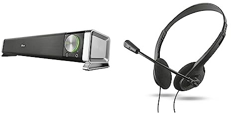 Trust Asto Soundbar PC, 12 W, Casse PC, Jack 3,5 mm, Alimentazione USB & Primo Cuffie con Microfono Leggere, Connessione 3,5 mm, Cavo 1,8 m, Auricolari con Filo