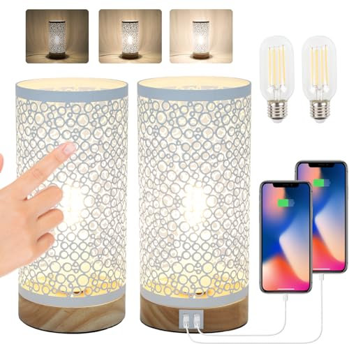 LALISU Nachttischlampe Touch Dimmbar 2er Set, Tischlampe mit Ladefunktion 2 USB Steckdosen 2 LED Birnen, Vintage Lampenschirm Kleine Lampe für Schlafzimmer Wohnzimmer Babyzimmer Büro (Weiß)