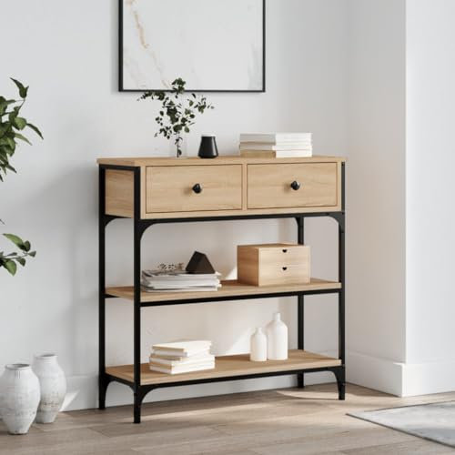 Festnight Konsolentisch Schmal 72.5 x 25 x 75 cm, Flurtisch aus Holz, Beistelltisch, Konsolentisch mit Schubladen, Stahlgestell, stabil, Flur, Wohnzimmer, Industrie-Design, Sonoma Eiche