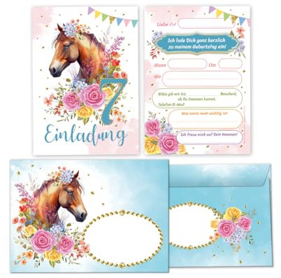 Minkocards 12 Einladungskarten incl. 12 Umschläge zum 7. Kindergeburtstag Mädchen Pferd Einladung siebte Geburtstag Kinder Einladungsset