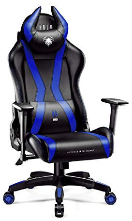 Diablo Anpassbarer Gaming Stuhl Ergonomisch X-Horn 2.0 | Verstellbare Rücken-, Sitz- und Armlehnen | Nacken-/Lendenkissen, Eco Lederpolsterung | Ergonomischer Gamer Stuhl | Normal (L) | Schwarz-Blau