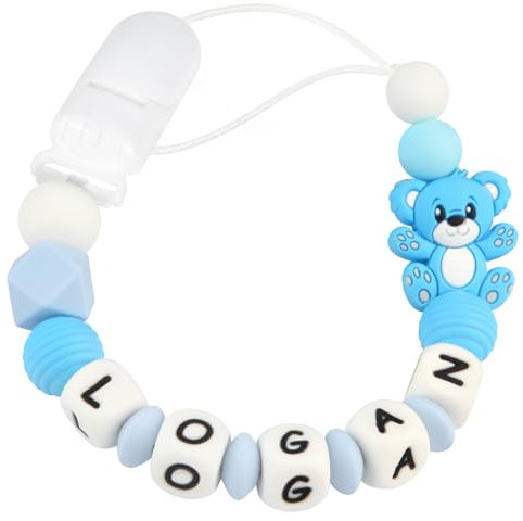 Kowlone Attache Sucette Nom Personnalisé Prenom Silicones Teddy Ours Attache Tétine en Clips Chaîne pour Bébé Filles Garçons(Bleu)