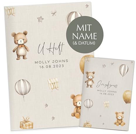 NORDEULE U-Heft- und Imfpasshülle mit Name und Datum personalisiert | 4-teiliges Set | Hochwertige Hülle für Untersuchungsheft und Impfass Deines Kindes (Collection Molly | Beige)