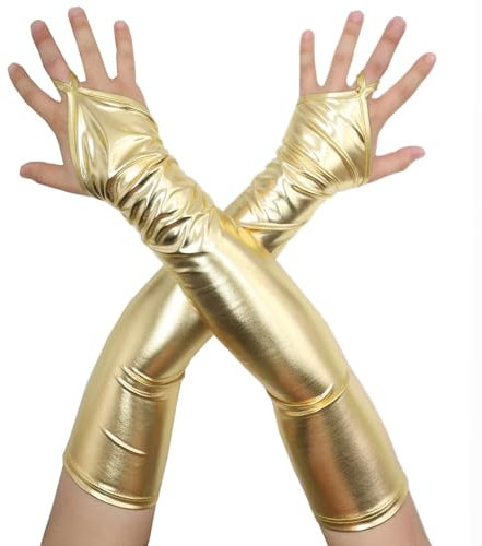 Seeksmile Fingerlose Handschuhe für Erwachsene, Unisex, glänzend, metallisch, 48,3 cm, Halloween, Party, Kostüm, Gold, Einheitsgröße