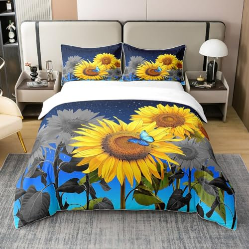 Loussiesd Gelbe Sonnenblume 100% Baumwolle Bettwäsche Set Blossom Blumen Bettbezug Set 100% Baumwolle Blauer Schmetterling Blumendruck Galaxy Dekor Natur Bettwäsche Set 135x200cm mit 1 Kissenbezug