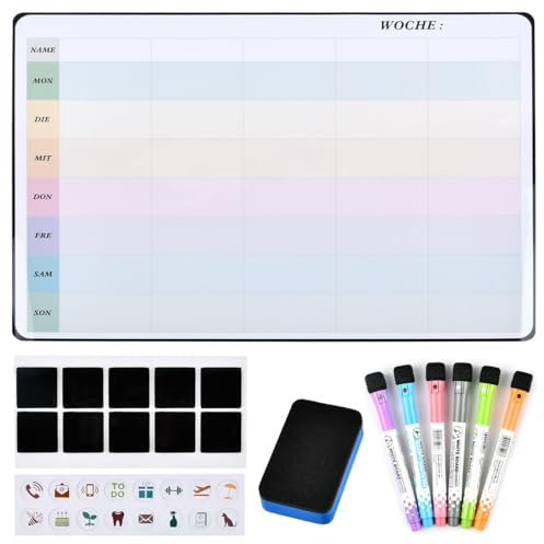 BOPHIS Magnetischer Wochenplaner Familie Abwischbar Magnetic Weekly Planner Wochenplaner Abwischbar Magnetisch für Menüplanung und Einkaufsliste Memoboard auf Deutsch,6 Marker & Radierer
