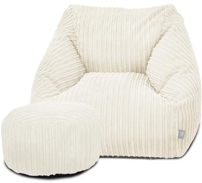 rucomfy Beanbags Big Kids Snuggle Chair - Large Corduroy Armchair for Kids & Teenagers - Home Furniture Living Room or Bedroom Seating - Machine Washable - 70 x 80 x 60cm (Ivory, with Footstool)