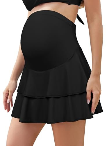 SHEKINI Jupe de maternité à volants au-dessus et sous le ventre, taille haute, jupe athlétique fluide de grossesse, short intégré pour tennis, golf, Noir , XXL