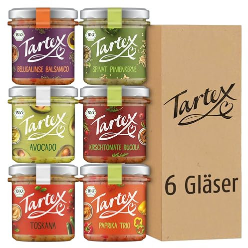 Tartex Bio Brotaufstriche Herzhaft | Veganer Aufstrich | Kennenlernbox Lieblinge | 6 Gläser im Vorteilspack | lecker auf Brot oder als Dip | 825g