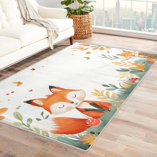 Fuchs Teppich Kinderzimmer - Teppich Wohnzimmer Schlafzimmer Waldtiere, Großer Teppich Schmetterling Blumen, Weich Kurzflor & Waschbar & Rutschfest Wohnzimmerteppich, Kinderteppich, 160x230 cm