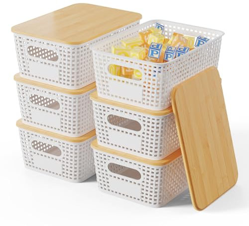 Shrivee 6PCS 5L Cajas Almacenaje con Bambú Tapa Apilables Cesta de Almacenamiento para Baño Armarios Cocina Storage Ropa Zapatos Juguetes (Blanco)