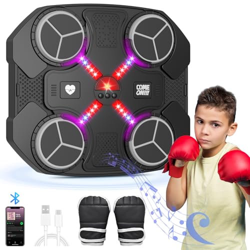 Music Boxing Machine, Smart Bluetooth Music Boxing Machine, Wall Mounted Punching Machine, USB Charging Box Equipment with 3 Speed Levels, Box Gloves, Cool Lights for Boys Girls Gift (Black)