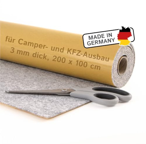 Selbstklebender Filz für Camper & Innenausbau – Meterware, Nadelfilz silbergrau, 200 x 100 cm, 3 mm dick – flexibel, isolierend - Made in Germany