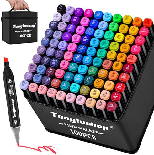 Tongfushop 100 Couleurs Feutre a Alcool, Feutres Coloriage Adulte, Marqueurs à Croquis Double Pointe avec Pochette de Transport et Espaceur, Marqueur Permanent pour Animation Art Esquisse