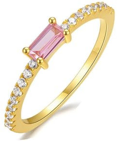 Eternity Ring for Women, Wedding Band 14K Yellow Gold Rose Quartz Geometric Rectangle Trendy Jewelry for Wife Size H 1/2