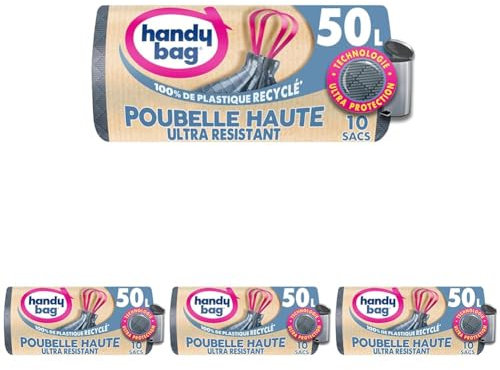 Handy Bag - Sacs poubelle pour poubelle haute à poignées coulissantes Ultra Résistant & Étanchéité maximale, 80% plastique recyclé, 1 rouleau de 10 sacs 50 L (Lot de 4)