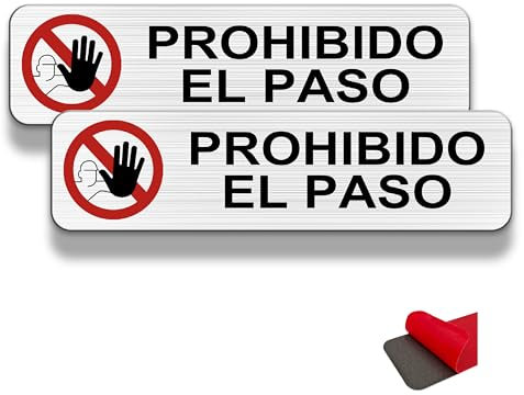 FloraVigo, Letrero para puerta panel privado, 2 unidades, 19 x 5 cm, aluminio cepillado, impermeable, para interior/exterior, panel de aluminio con adhesivo (PROHIBIDO EL PASO)