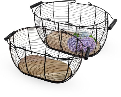 Metall Gitterkorb schwarz mit Holzboden 2er Set - 40 und 34 cm - Deko Drahtkorb mit Tragegriffen aus Holz - Korbset Dekokorb Aufbewahrungskorb Metallkorb Gitter Design oval