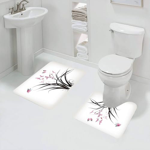 QRFASFZO Tappetino da bagno antiscivolo 2 pezzi,extra morbido,assorbente,tappeto bagno,doccia,tappetini bagno per WC,Stampa in stile inchiostro misterioso, selvaggio ed esotico con orchidea cinese e