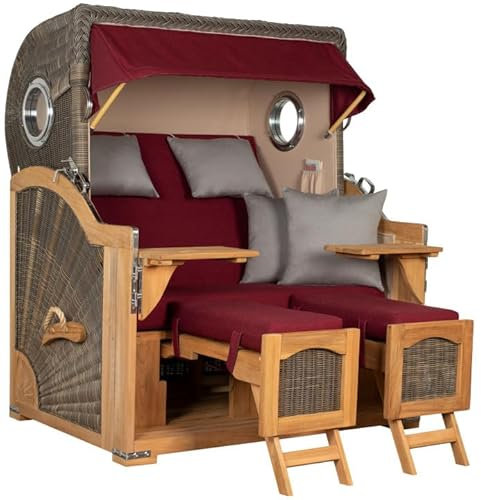 MR. DEKO® Strandkorb Düne Grande XL 2,5-Sitzer Teak | PE Geflecht Grey - Dessin 594 | Volllieger Strandstuhl mit Bullauge inkl. 2 Fußablagen | je 2 Kissen und Nackenkissen | Strandkörbe aus Teakholz