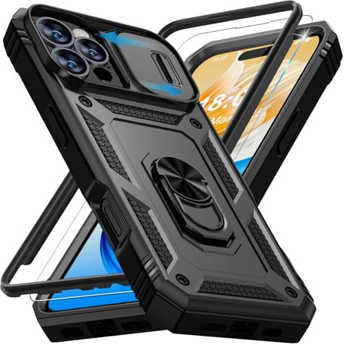 Giyer Handyhülle für iPhone 16 Pro Max Hülle mit Schutzfolie, Panzerhülle Case mit Kameraschutz 360° Metall Ring Ständer Stoßfest Bumper Schutzhülle für iPhone 16 Pro Cover Tache (Schwarz)