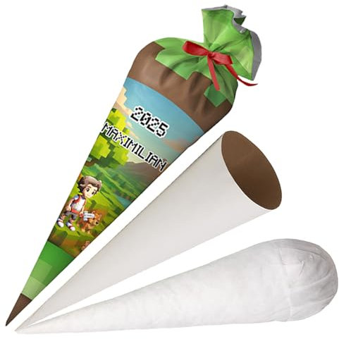 Ferocity Schultüte Videospiel mit Namen für Jungen, Personalisierte Tüte, 70 cm Zuckertüte aus Stoff mit runde Papprohling und Füllung aus Silikonkügelchen, große Tüte als Kissen [149]