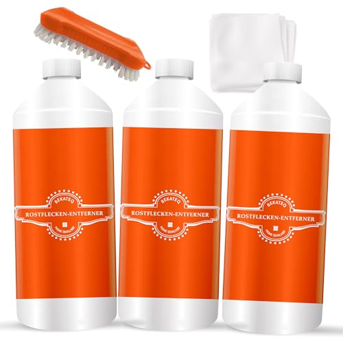 Rostflecken Entferner 3x250ml + Bürste - Steinreiniger Rostentfernung Terrasse Stein Fliesen Beton Pflaster Keramik Naturstein Granit Schiefer - wirkt selbsttätig Flugrost Acryl Wachs - BEKATEQ LS-565