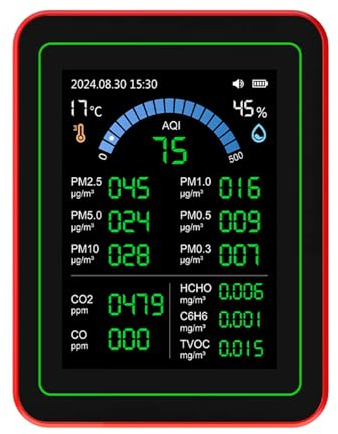 SEAFRONT Indoor Luftqualität Messgerät Luftqualitätstester 18 in 1 CO2 HCHO TVOC PM2.5 PM10 Temp FEID DEMERN MIT 2, 8 Zoll HD Bildschirmdatenspeicher Luftmonitor für Home Office Überwachung