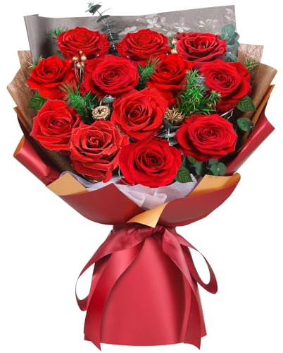 ADDWel 12 Preserved Real Red Roses Bouquet, Romantic Birthday for Wife & Girlfriend, Real Long-Lasting Roses That Last 3+ Years, Elegant Rose Arrangement