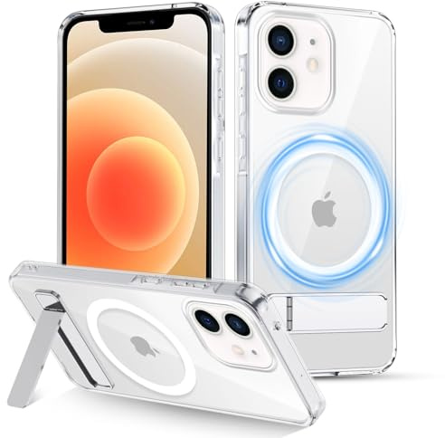 XTCASE Magnetic Phone Case for iPhone 12/12 Pro, Compatible with Magsafe, Clear PC Cover with Metal Kickstand, Shockproof Anti-Scratch Hard Case, Transparent