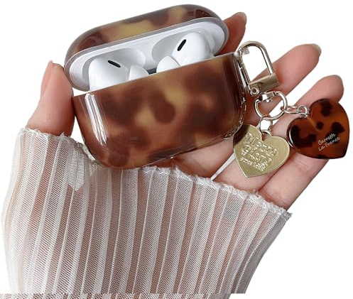 MINSCOSE Kompatibel mit AirPods Pro 2 Hülle und AirPods Pro Hülle,Cooles Design mit bernsteinfarbenem Leopardenmuster und herzförmiger Kette für Mädchen und Frauen für AirPods Pro/Pro 2– Braun