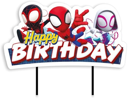 dekora - Spidey Happy Birthday Cake Topper 17.5 × 15 cm - Official Marvel Cake Topper, Sturdy Paper Card with Food Safe Sticks