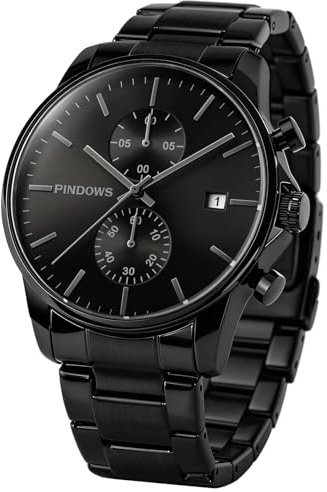 PINDOWS Schwarze Herrenuhr Minimalistischer Edelstahl Chronograph, Datum