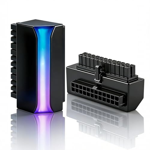 ATX 24-pin 90 Degree Power Connector Angle Adapter with 5V 3 Pin ARGB Rainbow, 24 Pin Male to Female Power Adapter RGB Light Sync Mode for Computer ATX Motherboard Power Supply PC Case Accessories
