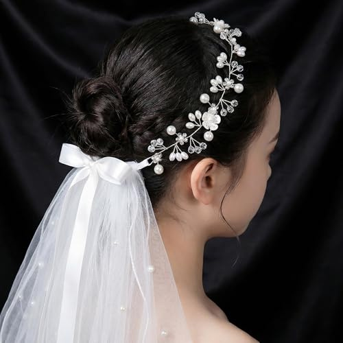 Zidoley Haarschmuck Kommunion Mädchen Kopfschmuck Hochzeit Weiß Blume Braut Haarschmuck Perlen Haarkranz Deko (Haarring + Schleier)