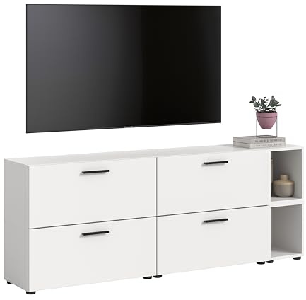 xonox.home – Wohnkombination The One 176x67x34 cm in Weiß Nachbildung – Flache Wohnwand mit 4 Klappen – 10 Fächer inklusive 2 offener Bereiche optimieren die Raumnutzung & bieten modernes Flair