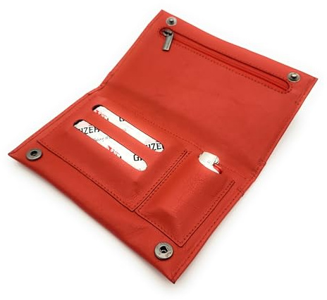 Tabakbeutel Nappaleder „Fresh“ – elegantes Tabaketui mit Naturkautschuk-Fach für losen Tabak, Doppelfach für Blättchen, Mini-Feuerzeugfach, Reißverschlussfach & Druckknöpfen (Nappa Rot Fresh)