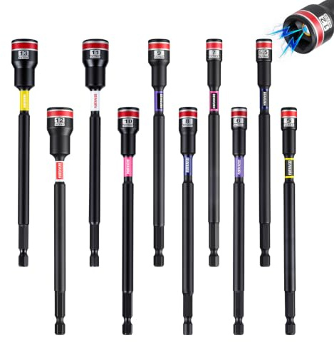 GEINXURN 10tlg Magnet Sechskant Stecknuss, 150mm Lang Metrische Steckschlüsselsatz 5mm, 5.5mm, 6mm, 7mm, 8mm, 9mm, 10mm, 11mm, 12mm, 13mm, 1/4 Sechskantschaft Magnetisches Schlagschrauber Nüsse