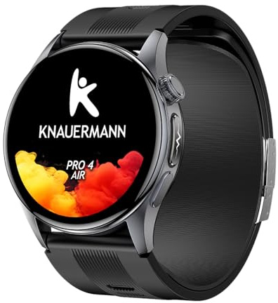 Knauermann PRO 4 Air (2026) Smartwatch & Fitness-Tracker Damen Herren, AMOLED Always-On, IP66, Bluetooth 5.3, bis 25 Tage Akku, Android & iOS, Schwarz – Rund, Silikonband