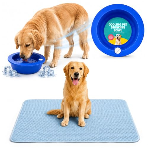 ADEPTNA 2 Piece Pet Cooling Set for Dogs and Cats Self Cooling Mat 50x70cm and Freezable Cooling Water Bowl Summer Heat Relief Accessories for Indoor and Outdoor Use Non-Toxic