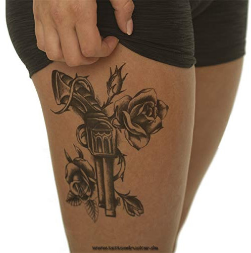 2 x Revolver mit Rosen - schwarzes XL Tattoo - Body Temporary Fake Tattoo - TH499 (2)