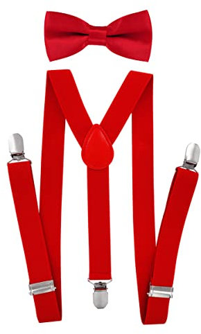 axy Jungen Hosenträger-Y Form 2,5cm breit mit Fliege - 3 Stabile Clips (Rot)