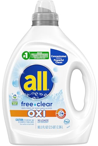 all Liquid Laundry Detergent, Free Clear for Sensitive Skin with OXI, Unscented and Hypoallergenic, 2X Concentrated, 90 Loads