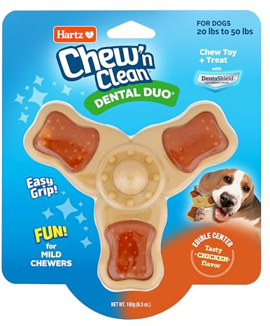 Hartz Chew ‘n Clean Chew Toy and Treat in One Chicken Flavored Tri-Point Dog Toy, Medium