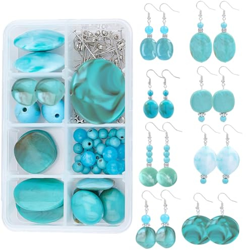 SUNNYCLUE 1 Box DIY 8 Paar Acryl-Perlen-Tropfen-Ohrringe Bausätze Flach Rund Oval Rechteckig Quadratisch Acryl-Perlen & Synthetische Türkis-Perlen & Ohrring-Haken Für Anfänger