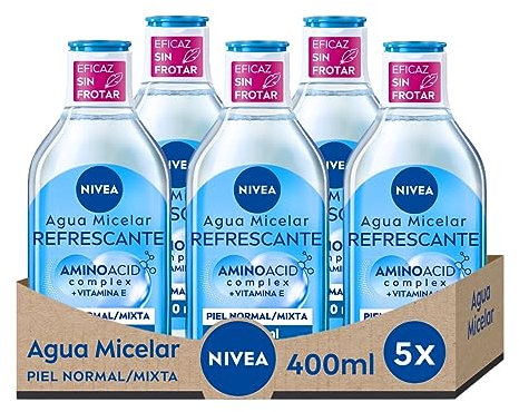 NIVEA Agua Micelar Refrescante - Desmaquillante Facial - Con Vitamina E - Desmaquillador Ojos, Rostro y Labios - Limpia Sin Frotar - Hidrata - Purifica - Piel Normal y Mixta - Pack de 5 x 400 ml