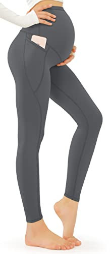 JOYSPELS Umstandsleggings über dem Bauch mit Taschen, Nicht durchsichtig, Workout-Schwangerschafts-Leggings, grau, S