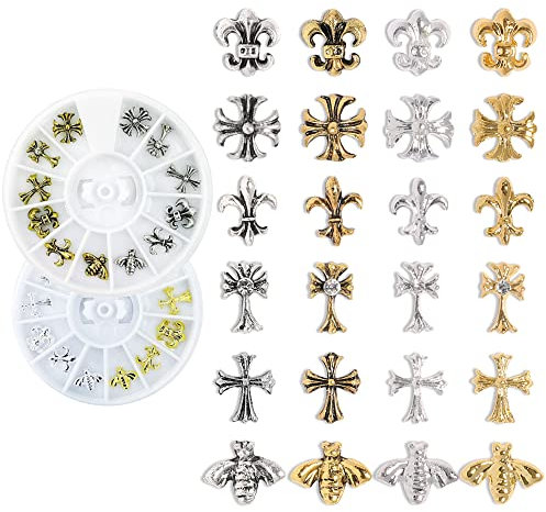 2 Boxes AB Nail 24 Pcs Mixed Sizes 3D Nail Art Accessories Multi Shapes Manicure Decoration for Nail Face Decoration Nail Makeup DIY Craft(Golden and Silver)
