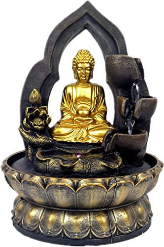WKNBEU Golden Buddha with Water Cups and LED Light Indoor Water Fountain Tabletop Waterfall Fengshui Meditation Waterfall Kit for Office Bedroom