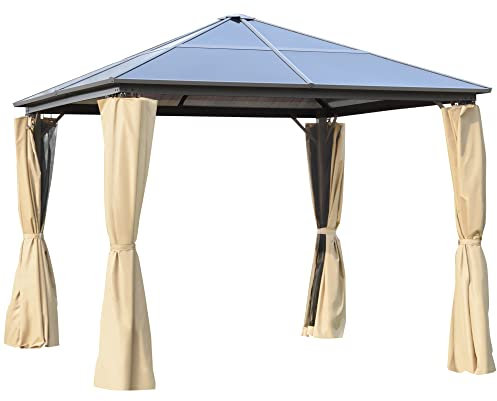 Outsunny Tonnelle pavillon de Jardin avec Toit Rigide Polycarbonate imperméable 4 parois latérales Anti-UV moustiquaires 3 x 3 m Marron et Kaki